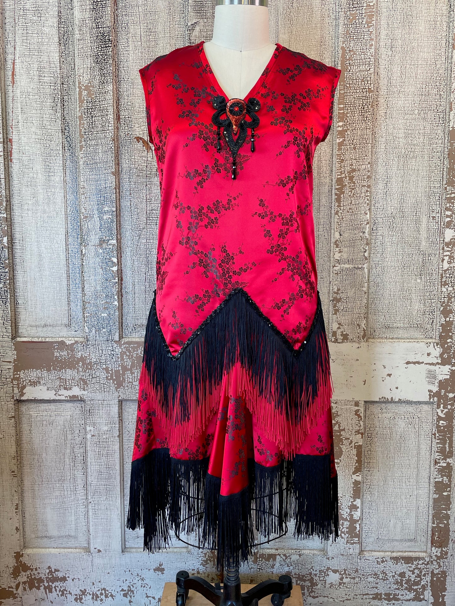 Red and Black Fringed Brocade "Flapper" Dress