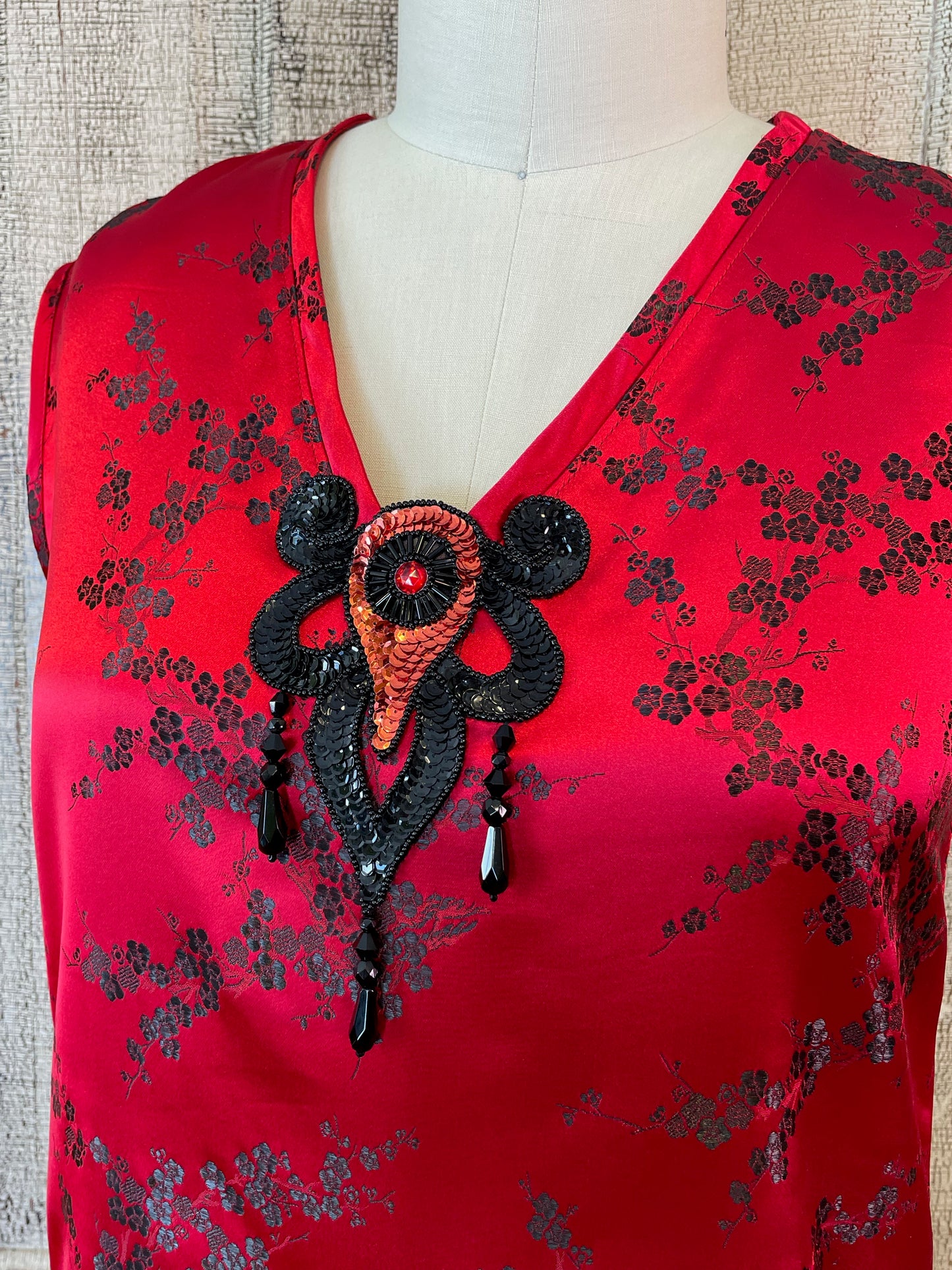 Red and Black Fringed Brocade "Flapper" Dress