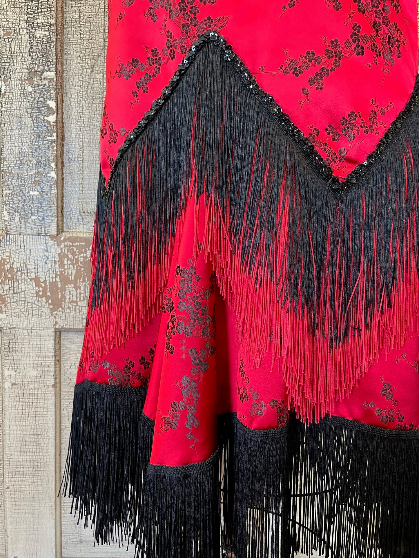 Red and Black Fringed Brocade "Flapper" Dress
