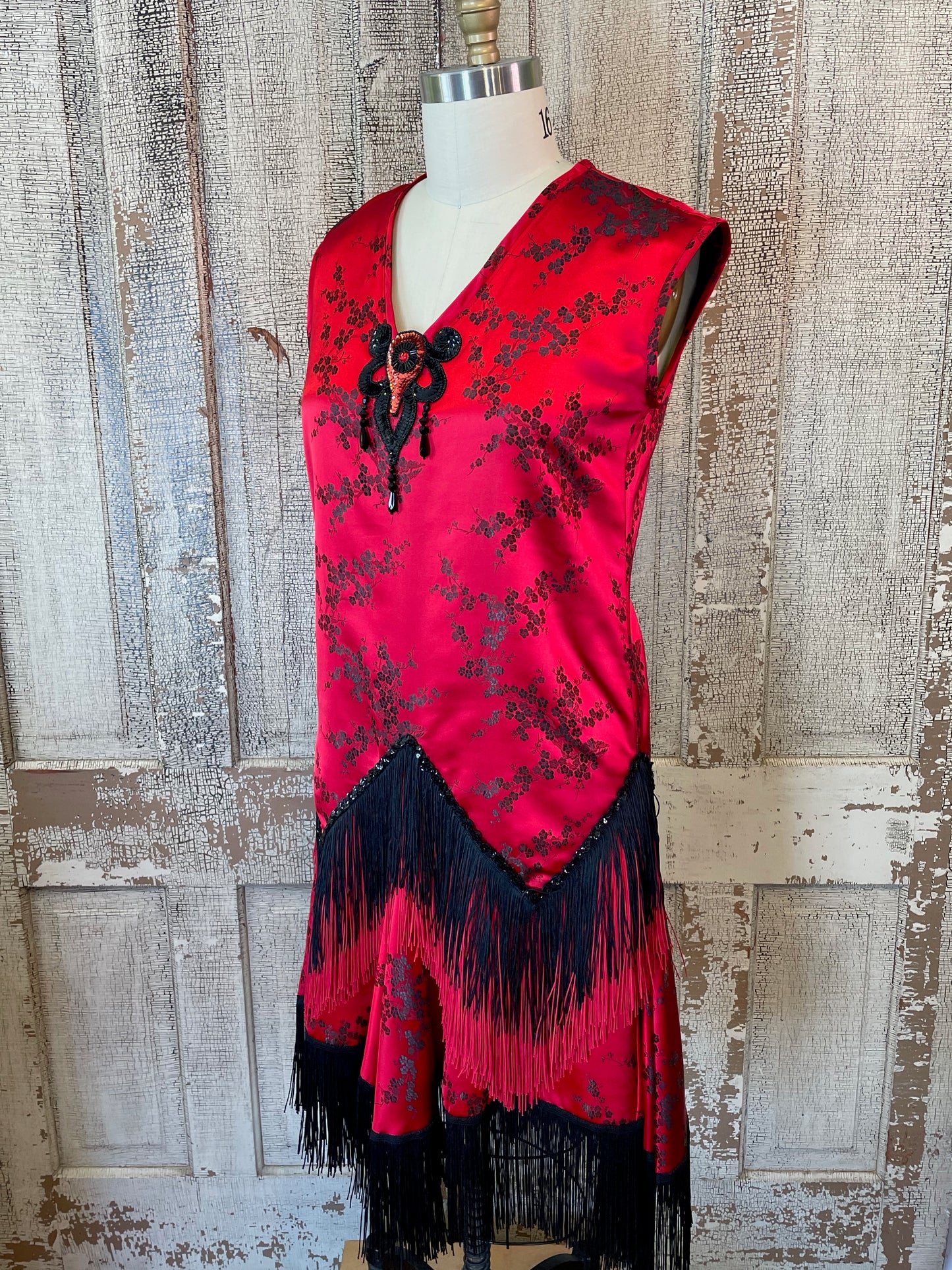 Red and Black Fringed Brocade "Flapper" Dress